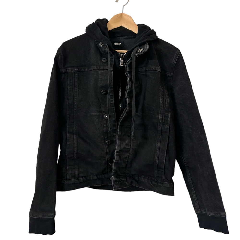 Hudson Jeans Men's Black Hooded Denim Layered Nate Moto Jacket Size M